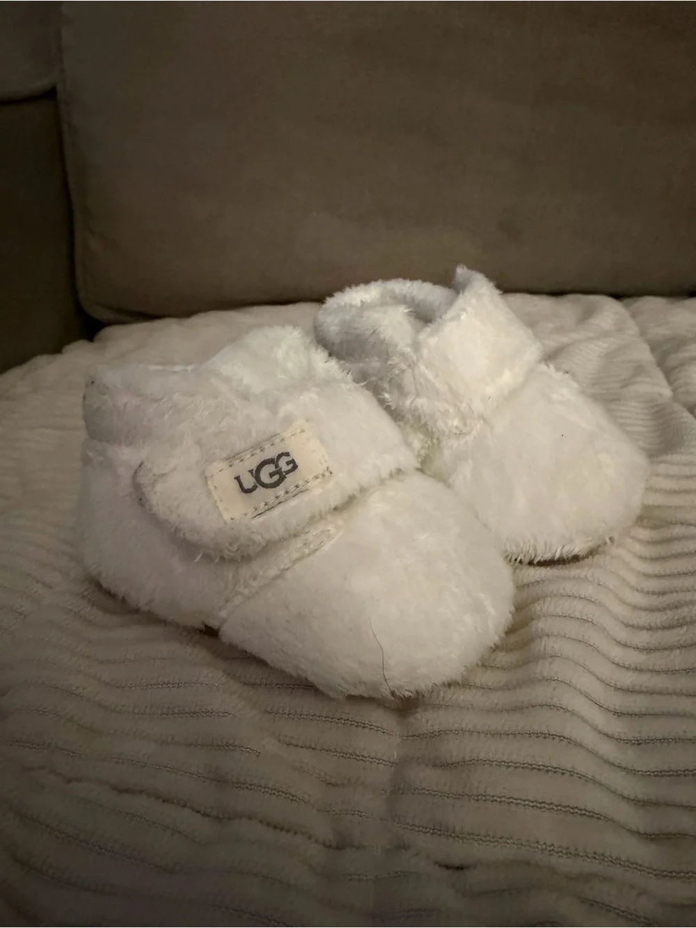 UGG Kids White Plush Strap Bootie Slippers